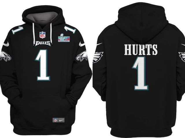 Men's Philadelphia Eagles #1 Jalen Hurts Black Super Bowl LVII Patch Pullover Hoodie